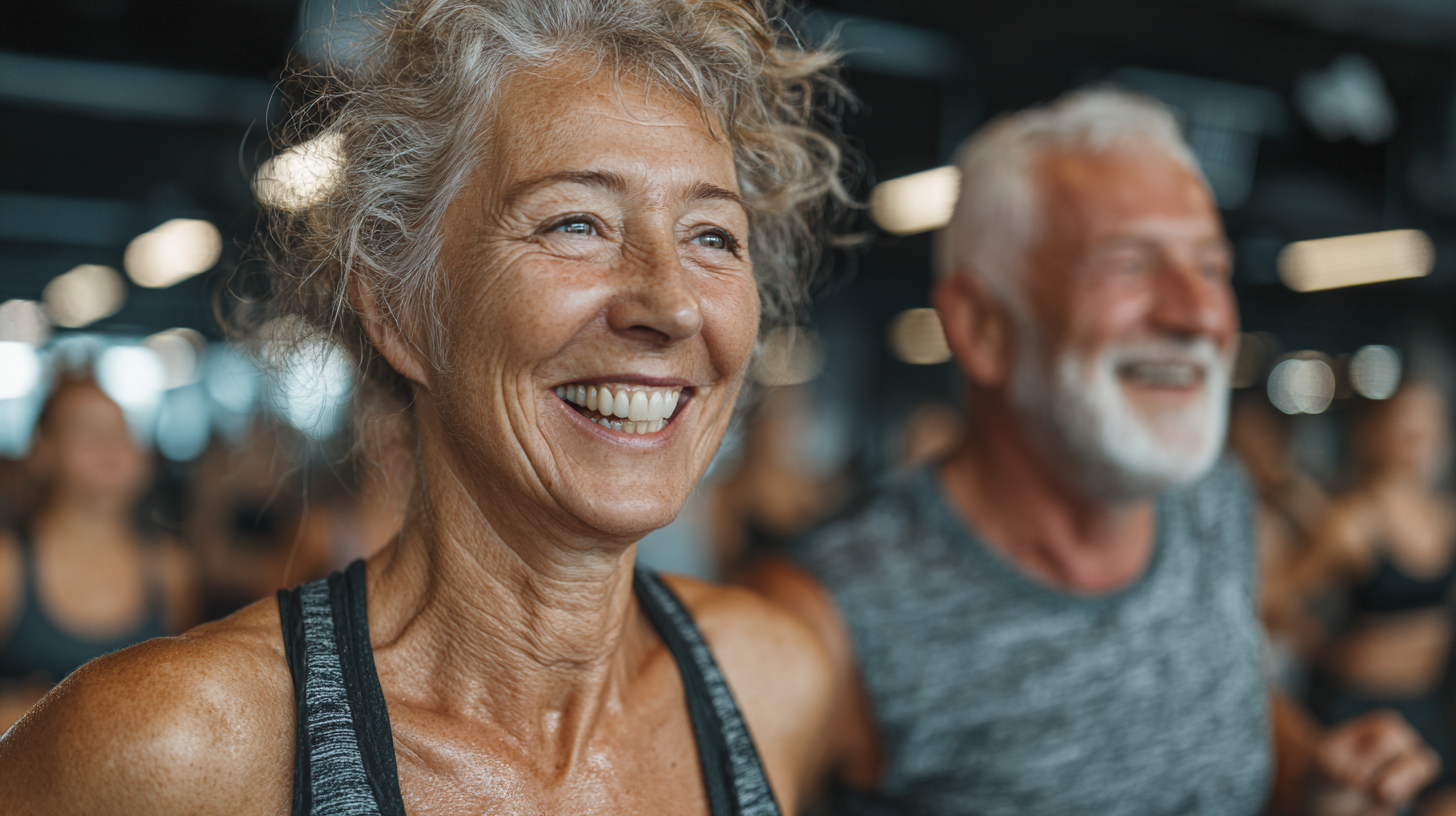 Цифрово здраве - възрастна двойка използва фитнес приложение